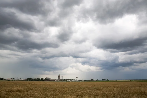 Industrial landscape with wheat field and dramatic clouds — Stock Photo, Image
