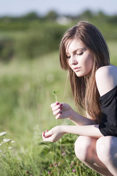 Beautiful girl with long, straight hair posing in the field — Stock Photo, Image