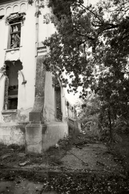 Siyah ve beyaz fotoğraf güzel detayları ile eski, terk edilmiş, yıkık bir evin