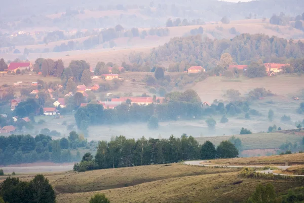 Paesaggio montano rumeno con nebbia e alberi — Foto Stock