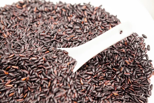 Black rice in white spoon — Stock Photo, Image