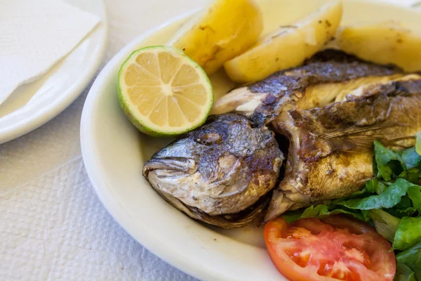 Gegrilde zeebrasem met poatatoes, tomaten en citroen — Stockfoto