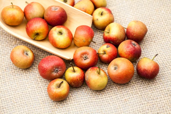 Pequeñas manzanas rojas con textura de arpillera en el fondo —  Fotos de Stock