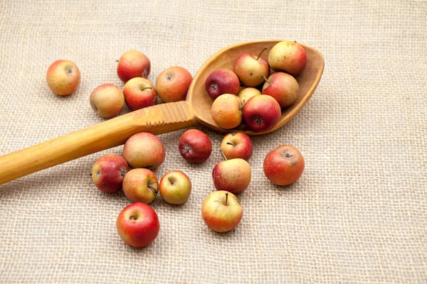 Pequeñas manzanas rojas y una enorme cuchara de madera con textura de arpillera en el fondo —  Fotos de Stock