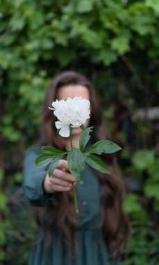 Gelin, elinde bir buket şakayık tutuyor. Güzel, kahverengi, uzun saçlı bir kadın parkta yürüyor ve elinde çiçekli şakayık buketi tutuyor. Neşeli bir ruh hali. Yaz sezonu. Yeşil arka planda güzel bir kadının portresi.