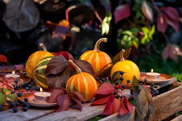 Bodegón de otoño de calabazas, hojas de otoño y velas Fotos De Stock Sin Royalties Gratis