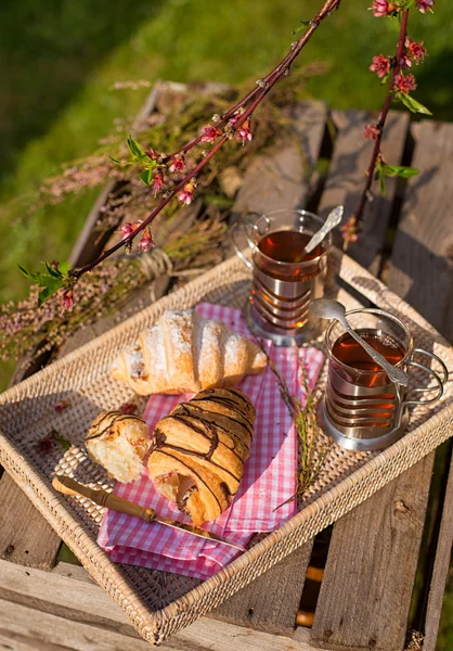 Afternoon tea and croissants — Stock Photo, Image
