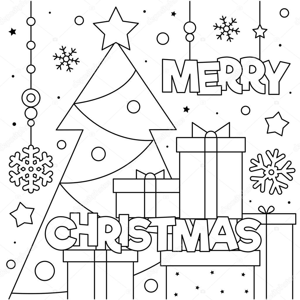 Merry Christmas. Coloring page. Black and white vector illustration.