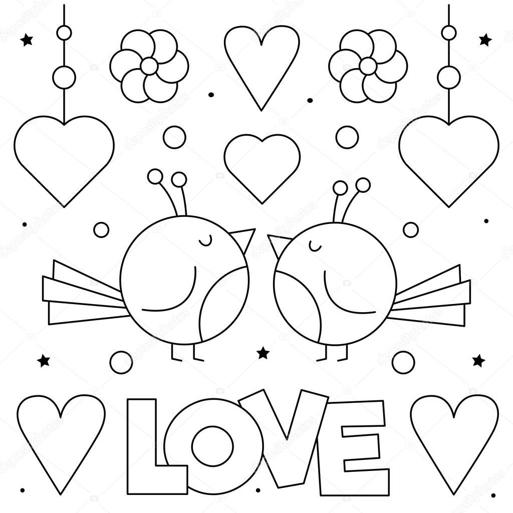 Love. Coloring page. Vector illustration of couple of birds.