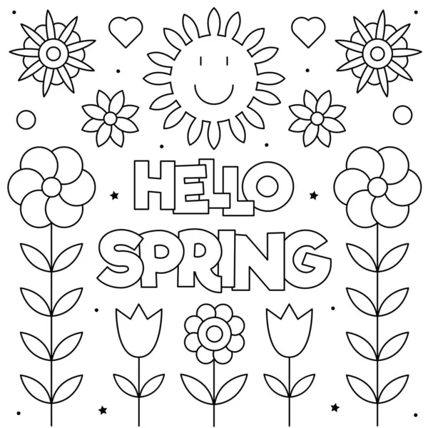 Hello Spring. Coloring page. Black and white vector illustration. — Stock Vector