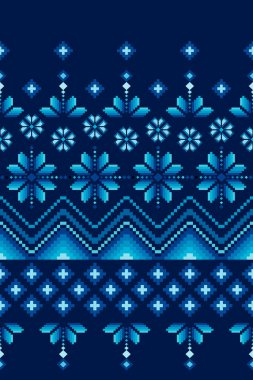 Geometrik elmas ve çiçek / kar tanesi elementleri gibi geleneksel İskandinav ve Adil Ada motifleri içeren kusursuz desenli dikey pikseller. Koyu çivit mavisi ve parlak su tonlarında.