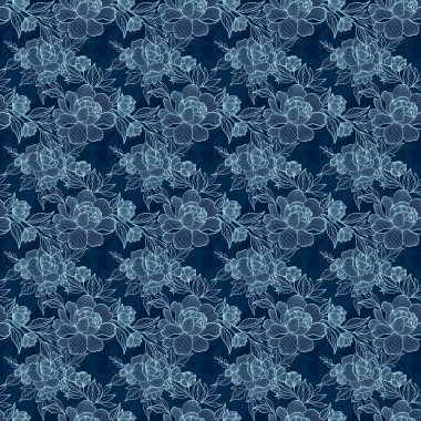 Kusursuz desenli, soyut çiçekli, koyu bir arka planda hafif maviyle çizilmiş motifler. Tekstil, kumaş, duvar kağıdı, ambalaj ve dijital tasarımlar için mükemmel..