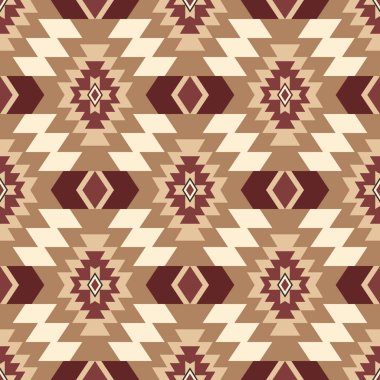 ikat ve navajo tarzı motiflerle kusursuz vektör geometrik desen. Topraksı renk paleti: bej, kahverengi ve bordo. Kumaş, battaniye, arkaplan ve tekstil için ideal.