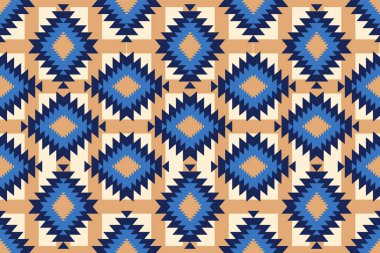 Parlak mavi elmas şekilli kusursuz kabile geometrik desenleri. Bej bir arka planda Navajo ve Ikat stili. Kumaş, tekstil, arkaplan ve baskı tasarımı için ideal.