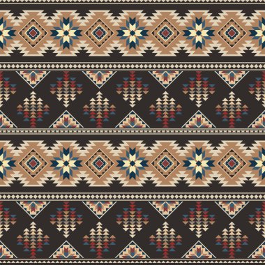 Yatay çizgili ve geometrik motifli kusursuz kabile deseni. Navajo ve Aztek stili tasarımlar koyu kahverengi, mavi, bej ve kırmızı renklerde. Kumaş, halı ve parmak izi için mükemmel..