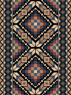 Etnik dokuma halısı ya da duvar halısını andıran kusursuz dikey pikseller. Büyük elmas motifleri ve toprak mavisi, kırmızı ve bej renkte dekoratif sınır unsurları içerir.