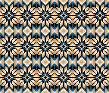Kusursuz pikselsiz sanat geometrik güneybatı deseni tekrarlayan elmas ve zigzag şekilleri içeriyor. Renk paleti, geleneksel bir tekstil hissi uyandıran bronz, bej ve koyu mavi renkleri içerir..