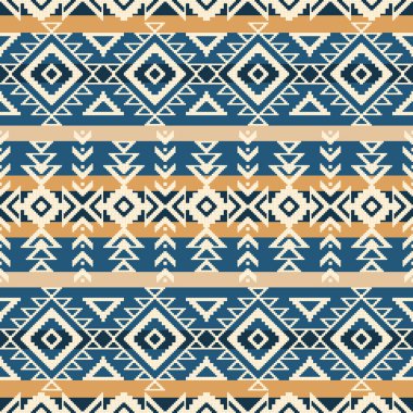 Kusursuz pikseller, elmas ve zigzag gibi geleneksel etnik geometrik motiflerden oluşan kalın yatay bantlar. Koyu mavi, bej ve ten rengi zengin bir renk şeması içerir.