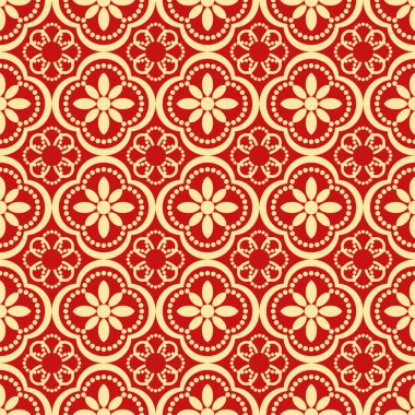 Kusursuz geleneksel Çin çiçek deseni. Dört katlı folyo şekillerini tekrarlayan geometrik tasarım ve zengin kırmızı ve altın bej renkli noktalı detaylar. Festivalsel arka plan, kumaş veya dijital sanat için ideal.