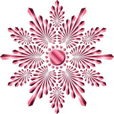 Zarif ve karmaşık bir şekilde tasarlanmış, zengin pembe metalik gradyan ve stilize patlama şekilleri içeren bir damaske kar tanesi. Sofistike tatil süslemeleri, şenlikli etkinlik davetiyeleri veya ışıltılı kış tasarım projeleri için ideal.