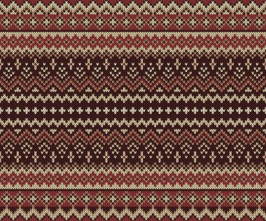 Geleneksel Fair Isle ya da Nordic tarzında kusursuz örgü deseni, zengin bordo, kahverengi ve krem tonlarında yatay simge ve zigzag motifleri içerir. Kış modası ve arka planlar için ideal.