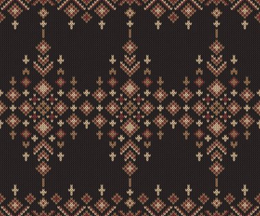 Özenle hazırlanmış dikey elması içeren kusursuz bir Güzel Ada deseni ve toprak tonlarında, kahverengi ve Beigeon 'da tekrarlanan geometrik motifler çok koyu, siyah-kahverengi bir arka plan. Tekstil ve kış modası için mükemmel..