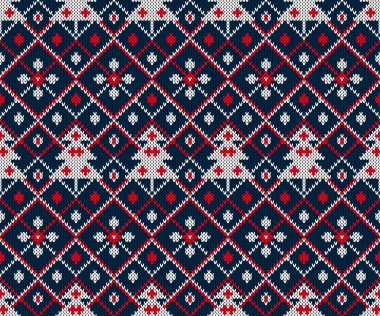 Noel ağacı ve kar tanesi motiflerinin yer aldığı klasik kırmızı, beyaz ve lacivert elmaslarla çerçevelenmiş neşeli, pürüzsüz bir desen. Mevsimlik tekstil ve kış kıyafetleri için ideal..