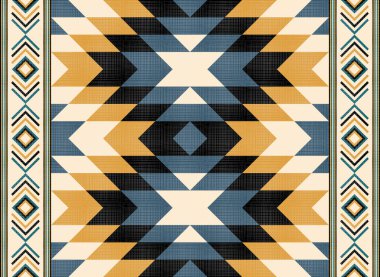 Yerli Amerikan tarzında simetrik bir geometrik desen. Mavi, altın, siyah ve kremalı kabile süslemeleri ve şekilleri var. Güneybatı dekorasyonu ve etnik tekstil tasarımları için ideal..
