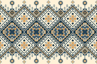 Detaylı bir halk süsüsüyle kusursuz bir kabile geometrik deseni. Tekrarlayan elmaslar ve çiçek motifleri içeren mavi, sarı ve bej renkli Aztek tarzı yerli tasarım. Tekstil baskısı için mükemmel.