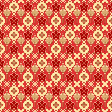 Kırmızı ve altın fenerler, erik çiçekleri ve uğurlu düğümlerle süslü, kusursuz Çin desenli şenlikler. Ay Yeni Yılı kutlamaları için canlı bir oryantal vektör geçmişi.