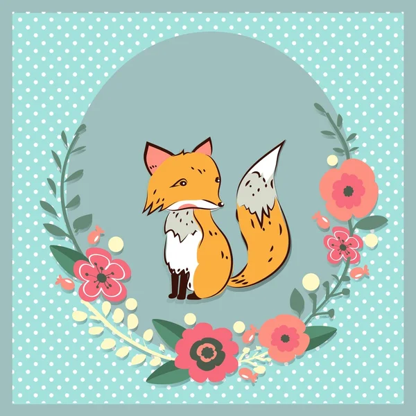 Frame with cute fox and flowers — Stock Vector