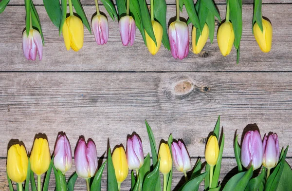 Tavolo Legno Con Tulipani Gialli Viola — Foto Stock