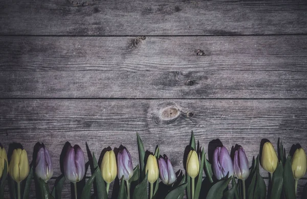 Tavolo Legno Con Tulipani Gialli Viola — Foto Stock