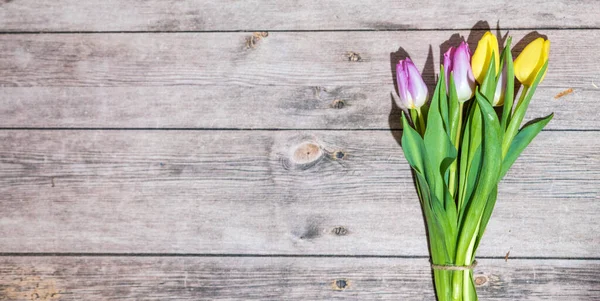 Una Cartolina Pasquale Con Tulipani Tavolo Legno — Foto Stock