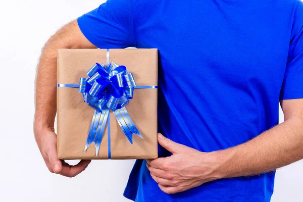 Hands Close Courier Blue Uniform Holding Gift Box Bow Happy — Stock Photo, Image