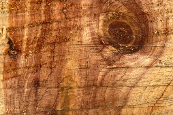 Brown wooden background. A cut of natural wood. Top view. Natural raw non-planed texture timber of coniferous pine. The surface of the table to shoot flat lay in the grunge style. Copy space. — Stock Photo, Image