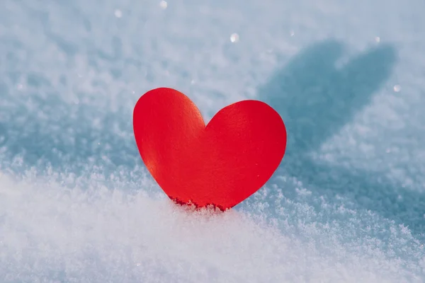 Lonely valentine. Red heart in cold, frosty morning snow. Valentine\'s Day greeting card. A symbol of love and romantic relationships. Congratulations on holiday of February 14