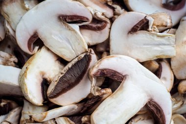 Taze olmayan mantar ve şampiyonların geçmişi. Sebze dükkanındaki ürünler yakın plandaki ilk tazelik değildir. Mantar yerken dikkatli ol..