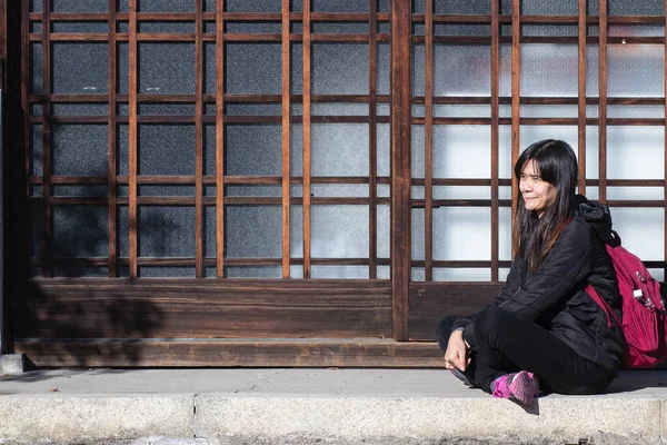 Asian Woman Resting Japanese House Morning — Stock Photo, Image