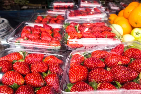 Fresh strawberries in closed plastic boxes in market. — Stock Photo, Image