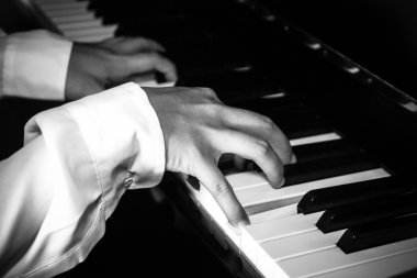 Hands of female pianist / musician playing piano B&W isolated on clipart