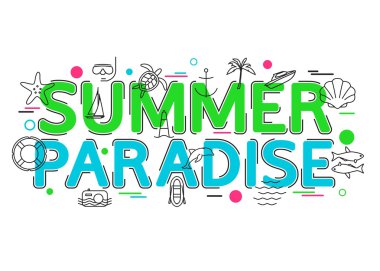 Vektör simgeleri ve öğeleri ile Summer Paradise Arka Plan. Yaz tatili. Yaz Tatili: yunus, tekne, dalış, palmiye, tekne, balıkçılık. Yaz seyahati. Düz Stil, İnce Çizgi Sanat Tasarımı.