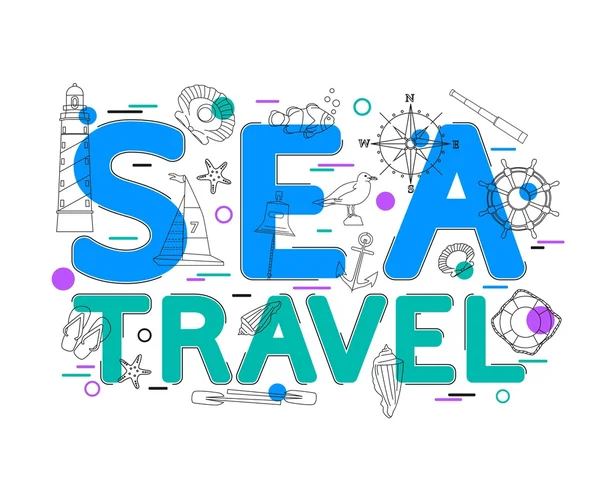 Sea Travel Concept with vector icons and elements. Advertising banner for travel agencies. Sea Cruise: seagulls, fish, boat, beach, lighthouse, compass, steering wheel, yacht, diving. — Stock Vector