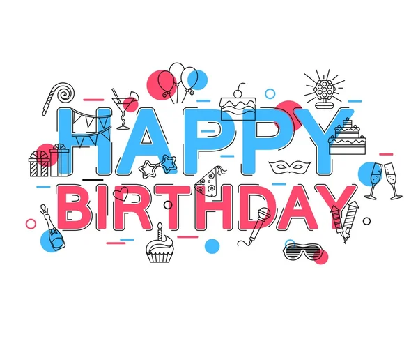 Vektör simgeleri ve öğeleri ile Happy Birthday Concept. Mutlu Yıllar Kartı. Doğum günü afişi. Düz Stil, İnce Çizgi Sanat Tasarımı. Vektör illüstratör.