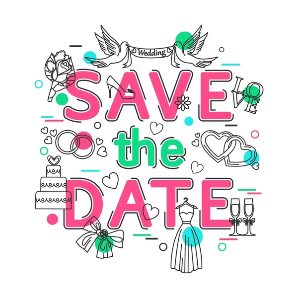 Save the Date - Wedding Background with vector icons and elements. Wedding banner for wedding salon, wedding website, header,  advertising booklet and poster. Flat Style, Thin Line Art Design. — Stock Vector