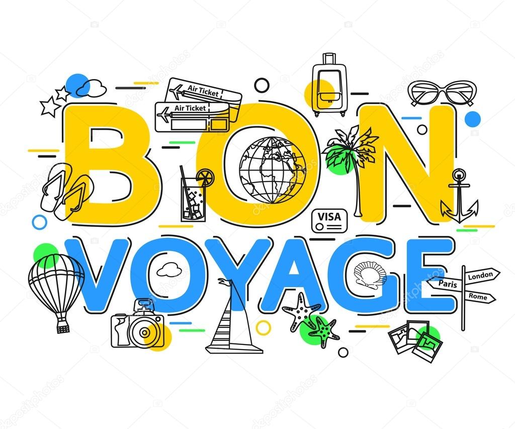 Bon Voyage Concept with vector icons and elements. Voyage Business background. Voyage Holiday. Travel and Tourism Icons. Flat Style, Thin Line Art Design.