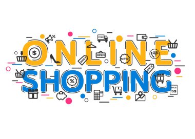 Vektör simgeleri ve öğeleri ile Online Alışveriş Kavramı. Web sitesi, başlık, reklam kitapçığı ve poster için Online Alışveriş Banner. Online Alışveriş Simgeleri. Düz Stil, İnce Çizgi Sanat Tasarımı.