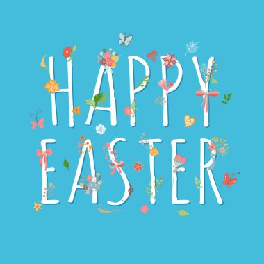 Çiçekler, kelebek ile Renkli Mutlu Paskalya Tebrik Kartı. Vektör İllüstrasyonu.
