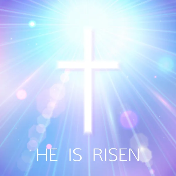Hola es Risen. Feliz Pascua Fondo Azul con bokeh, cruz blanca y rayos de sol. Ilustración vectorial . — Vector de stock