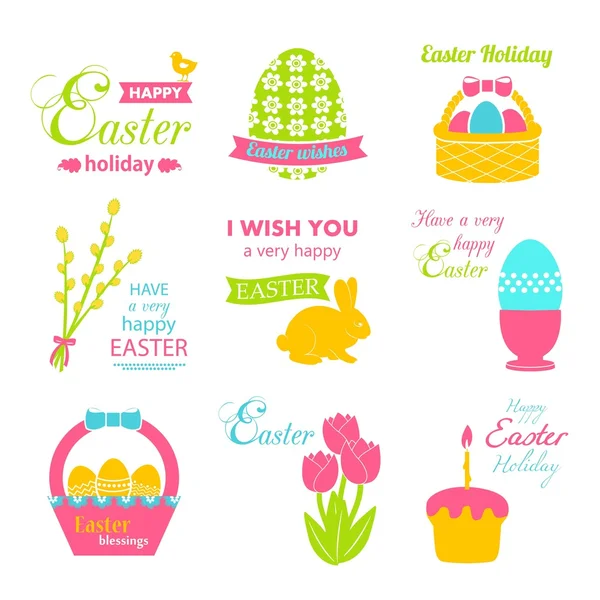 Easter Set - rabbit, basket, eggs, ribbon, pussy willow, easter cake. Vector Illustration. — Wektor stockowy